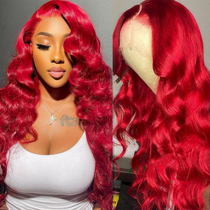 Red Body Wave Lace Front Human Hair Wig Brazilian Pre Plucked 150%