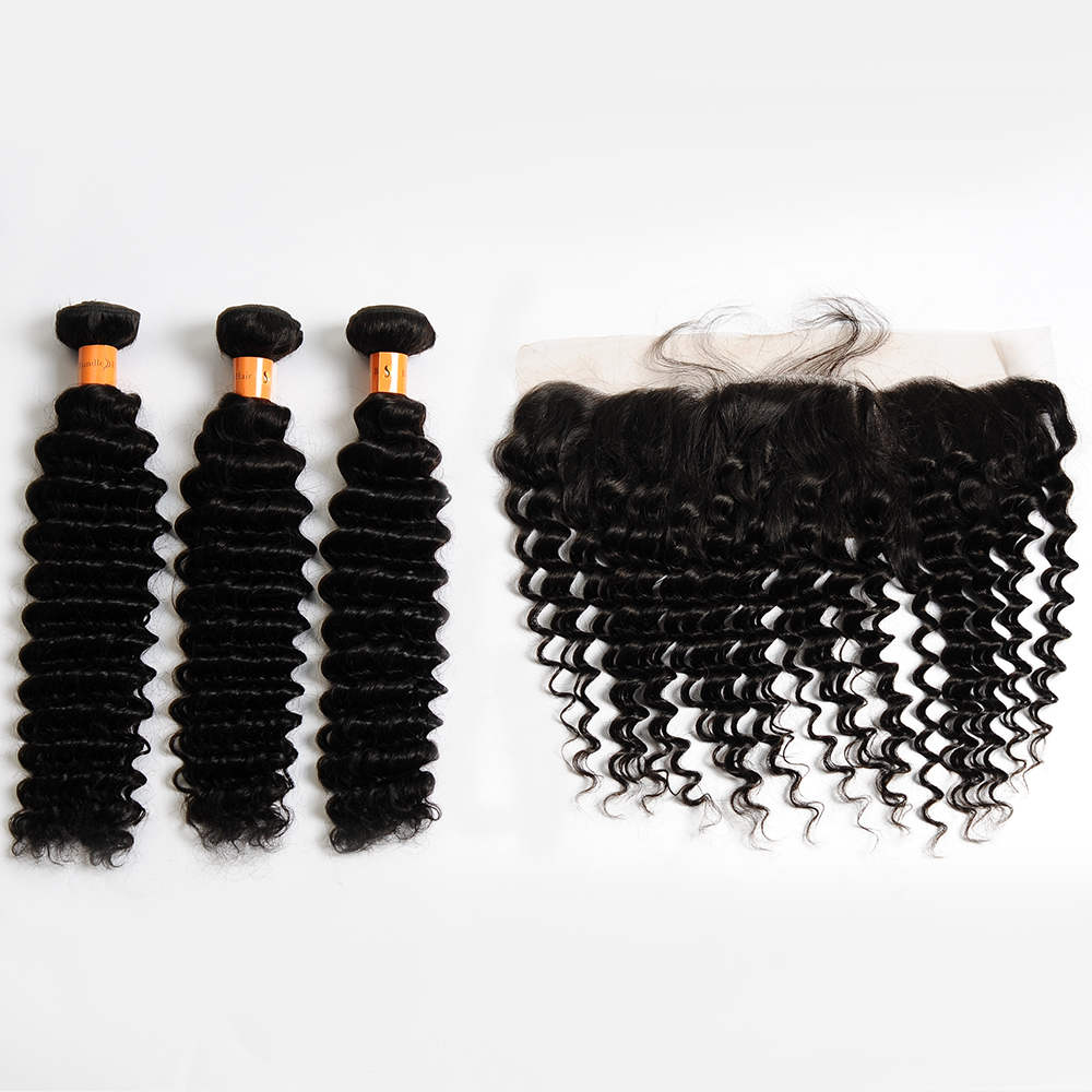 10a Deep Wave Bundles With Closure Virgin Human Hair Bundles With Closure Hair Weave 3 Bundles With 13x4 Frontal