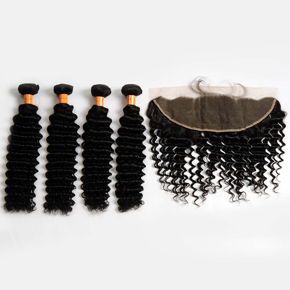 10a Deep Wave Bundles with Frontal Closure Human Hair Bundles with 13x4 Frontal 4 pc/Lot Virgin Hair Weave 4 Bundles with Frontal