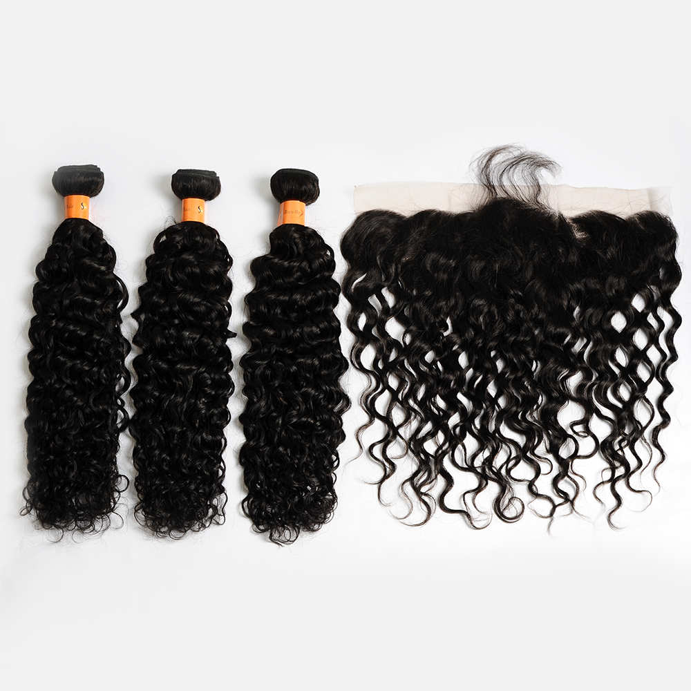 10a Water Wave Human Hair Bundles With 13x4 Frontal Closure Brazilian Hair Weave Bundles With Lace Frontal Closure Virgin Hair