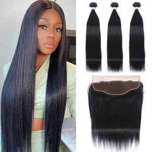 8A Straight 3 Bundles With 13x4 Frontal 100% Human Hair 10-28 Inches