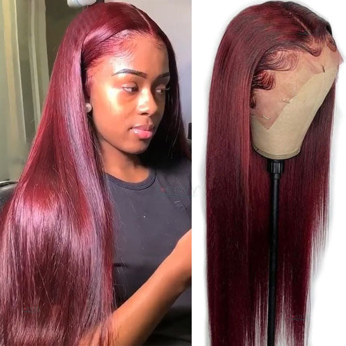 99J Lace Front Wig Straight Human Hair For Women Peruvian Deep Part Wig