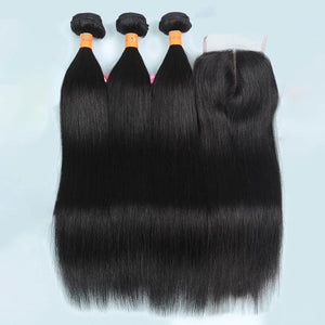 9A Straight Brazilian Human Hair Extensions 3 Bundles With Closure 10-28 Inches