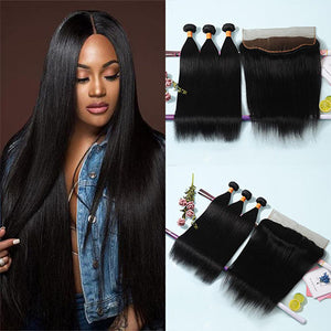 9A Straight Human Hair 3 Bundles with 13x4 Lace Frontal 10-28 Inches