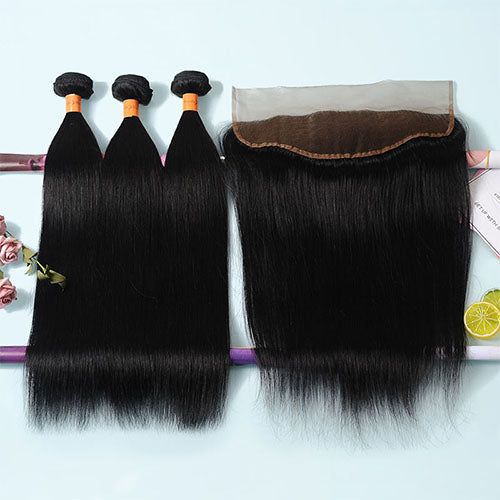 9A Straight Human Hair 3 Bundles with 13x4 Lace Frontal 10-28 Inches