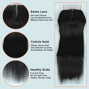 9A Straight Human Hair 4 Bundles With 4x4 Lace Closure