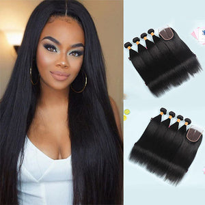 9A Straight Human Hair 4 Bundles With 4x4 Lace Closure