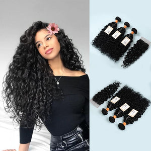 NY Virgin Hair 9A Water Wave Hair 3 Bundles with 4x4 Lace Closure Unprocessed Virgin Human Hair