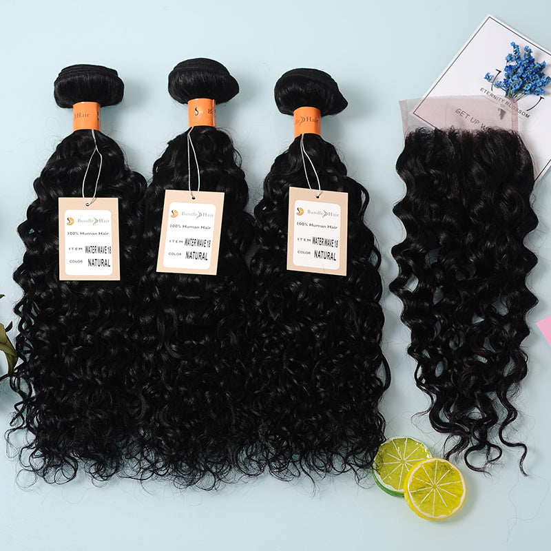 NY Virgin Hair 9A Water Wave Hair 3 Bundles with 4x4 Lace Closure Unprocessed Virgin Human Hair