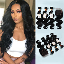 Load image into Gallery viewer, 9a Body Wave 3 Bundles With Closure Human Hair Bundles With 4x4 Lace Closure Human Hair Extension
