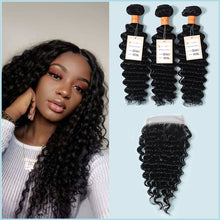 Load image into Gallery viewer, NY Virgin Hair 9a Deep Wave 3 Bundles With 4x4 Lace Closure Virgin Human Hair Bundles Human Hair Extensions
