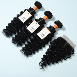 NY Virgin Hair 9a Deep Wave 3 Bundles With 4x4 Lace Closure Virgin Human Hair Bundles Human Hair Extensions