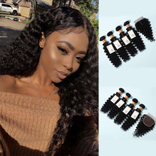 Load image into Gallery viewer, 9a Deep Wave Hair Weave 4 Bundles With 4x4 Lace  Closure Human Hair Deep Wave Bundles With Closure
