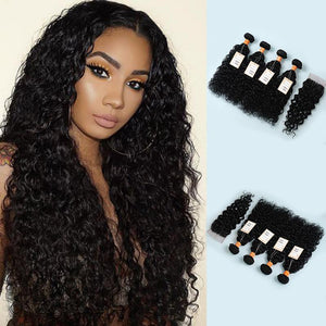 9a Water Wave 4 Bundles with 4x4 Lace Closure 100% Virgin Human hair Unprocessed Hair Extensions Natural Black Color