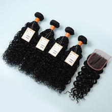 Load image into Gallery viewer, 9a Water Wave 4 Bundles with 4x4 Lace Closure 100% Virgin Human hair Unprocessed Hair Extensions Natural Black Color
