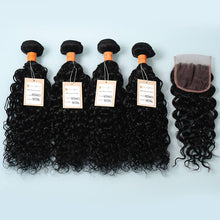 Load image into Gallery viewer, 9a Water Wave 4 Bundles with 4x4 Lace Closure 100% Virgin Human hair Unprocessed Hair Extensions Natural Black Color
