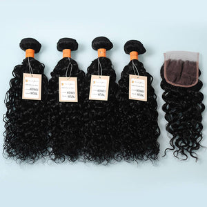 9a Water Wave 4 Bundles with 4x4 Lace Closure 100% Virgin Human hair Unprocessed Hair Extensions Natural Black Color