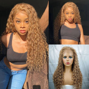 Honey Blonde Water Wave Human Hair 13x4 Lace Frontal Wigs