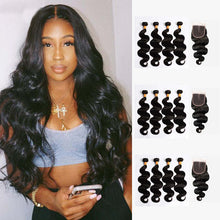 Load image into Gallery viewer, NY Virgin Hair 10a Body wave Bundles With Closure Brazilian Hair Weave Bundles With 4x4 Closure Human Hair Bundles With Closure Virgin Hair
