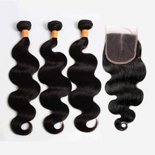 Load image into Gallery viewer, NY Virgin Hair 10a Body wave Hair 3 Bundles With 4x4 Closure Brazilian Human Hair Bundles With Closure Middle Part 3pcs/lot Weave
