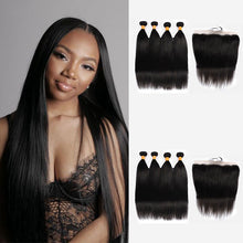 Load image into Gallery viewer, NY Virgin Hair 10a Brazilian Straight Hair 4 Bundles With Lace Frontal Human Hair Bundles With Closure 13x4 Virgin Hair Extensions
