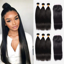 Load image into Gallery viewer, NY Virgin Hair 10a Brazilian Straight Hair Bundles With 4x4 Closure 3 Bundles Deals Brazilian Human Hair Weave Bundle Straight Hair With Closure
