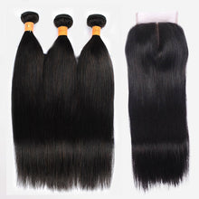 Load image into Gallery viewer, NY Virgin Hair 10a Brazilian Straight Hair Bundles With 4x4 Closure 3 Bundles Deals Brazilian Human Hair Weave Bundle Straight Hair With Closure
