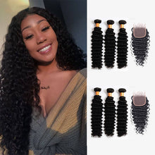 Load image into Gallery viewer, NY Virgin Hair 10a Brazilian Virgin Deep Wave Human Hair 3 Bundles Weaving With 4x4 Lace Free Part Closure Hair Products
