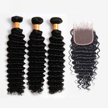 Load image into Gallery viewer, NY Virgin Hair 10a Brazilian Virgin Deep Wave Human Hair 3 Bundles Weaving With 4x4 Lace Free Part Closure Hair Products
