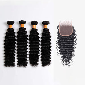 NY Virgin Hair 10a Deep Wave Virgin Hair 4 Bundles With 13x4 Lace Closure 100% Unprocessed Human Hair Weaving