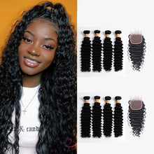 Load image into Gallery viewer, NY Virgin Hair 10a Deep Wave Virgin Hair 4 Bundles With 13x4 Lace Closure 100% Unprocessed Human Hair Weaving
