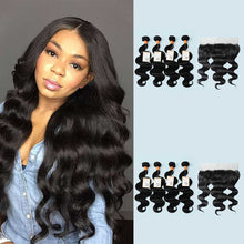 Load image into Gallery viewer, NY Virgin Hair 9a 13x4 Lace Frontal Closure With 4 Bundles Virgin Hair Body Wave Human Hair Bundles With Lace Frontal Closure
