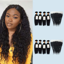 Load image into Gallery viewer, NY Virgin Hair 9a Deep Wave Virgin Hair 4 Bundles with 13x4 Frontal Pre Plucked Double Weft Hair Wave
