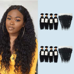 NY Virgin Hair 9a Deep Wave Virgin Hair 4 Bundles with 13x4 Frontal Pre Plucked Double Weft Hair Wave