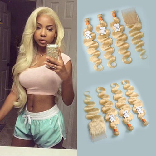 NY Virgin Hair Honey Blonde Bundles With Closure Virgin Brazilian Human Hair Bundles Body Wave Color 613 Bundles With Lace Closure - NYvirginhair