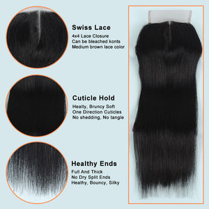 9A Straight Brazilian Human Hair Extensions 3 Bundles With Closure 10-28 Inches