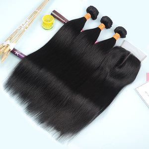 9A Straight Brazilian Human Hair Extensions 3 Bundles With Closure 10-28 Inches