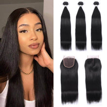 Load image into Gallery viewer, NY Virgin Remy Hair 8A Straight Hair Extensions 3 Bundle With Swiss 4x4 Lace Closure
