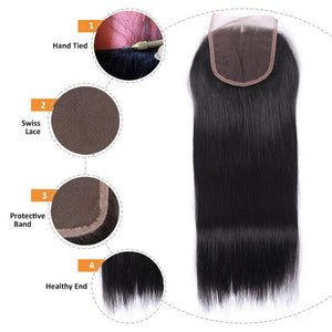 NY Virgin Remy Hair 8A Straight Hair Extensions 3 Bundle With Swiss 4x4 Lace Closure