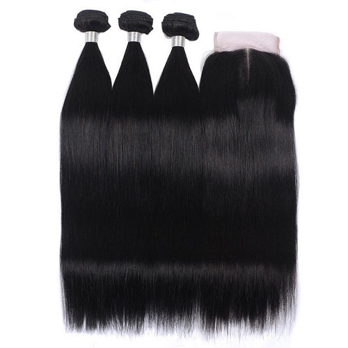 NY Virgin Remy Hair 8A Straight Hair Extensions 3 Bundle With Swiss 4x4 Lace Closure
