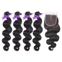 Load image into Gallery viewer, NY Virgin Hair 8a Brazilian Body Wave 4 Bundles With 4x4 Closure Human Hair Extensions
